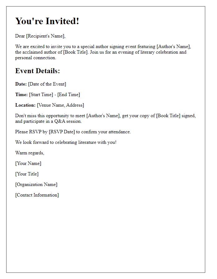 Letter template of formal invitation to an author signing event