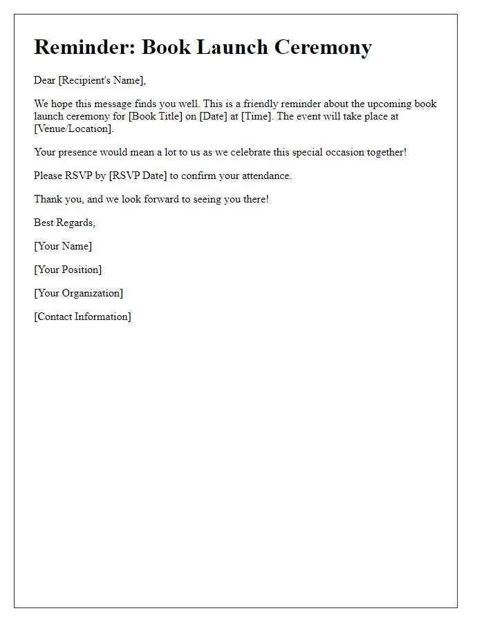 Letter template of reminder for attending a book launch ceremony