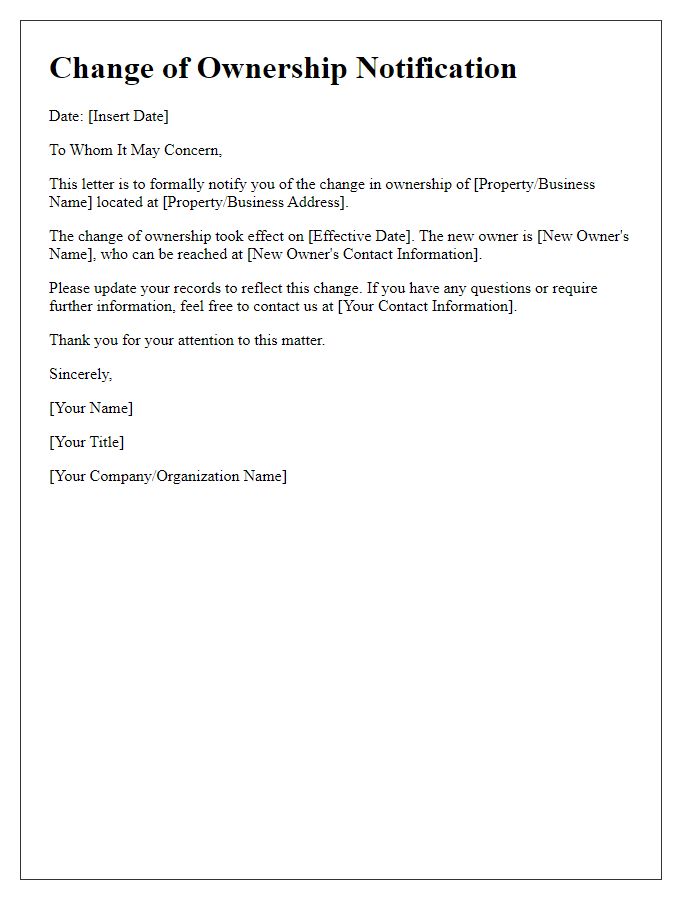 Letter template of Change of Ownership Notification