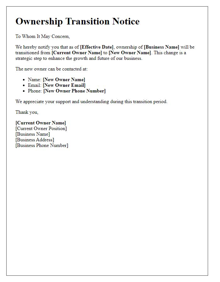 Letter template of Ownership Transition Notice