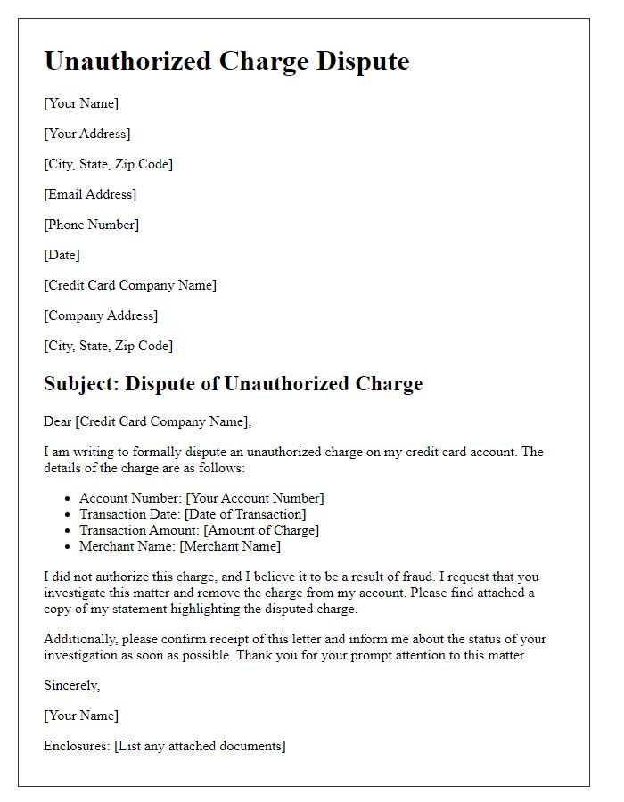 Letter template of unauthorized charge dispute for credit card fraud.