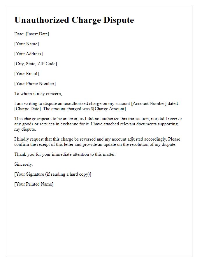 Letter template of unauthorized charge dispute for merchant error.