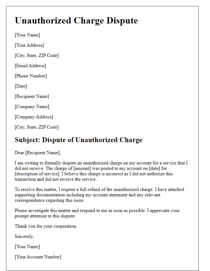 Letter template of unauthorized charge dispute for service not received.