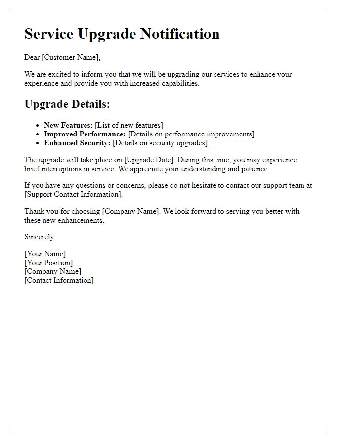 Letter template of service upgrade details for increased capabilities.