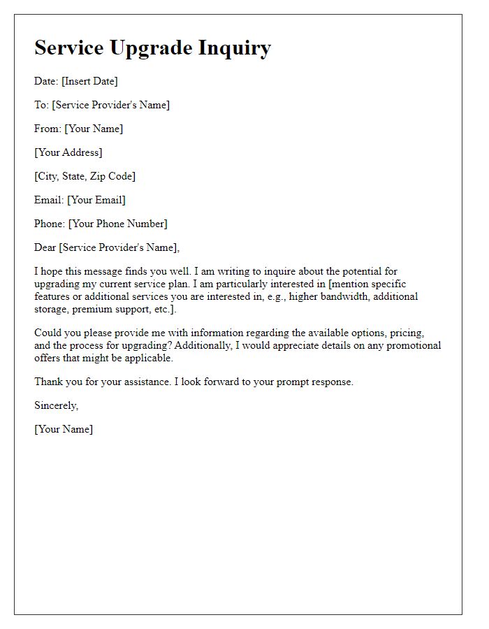 Letter template of service upgrade inquiry for additional features.