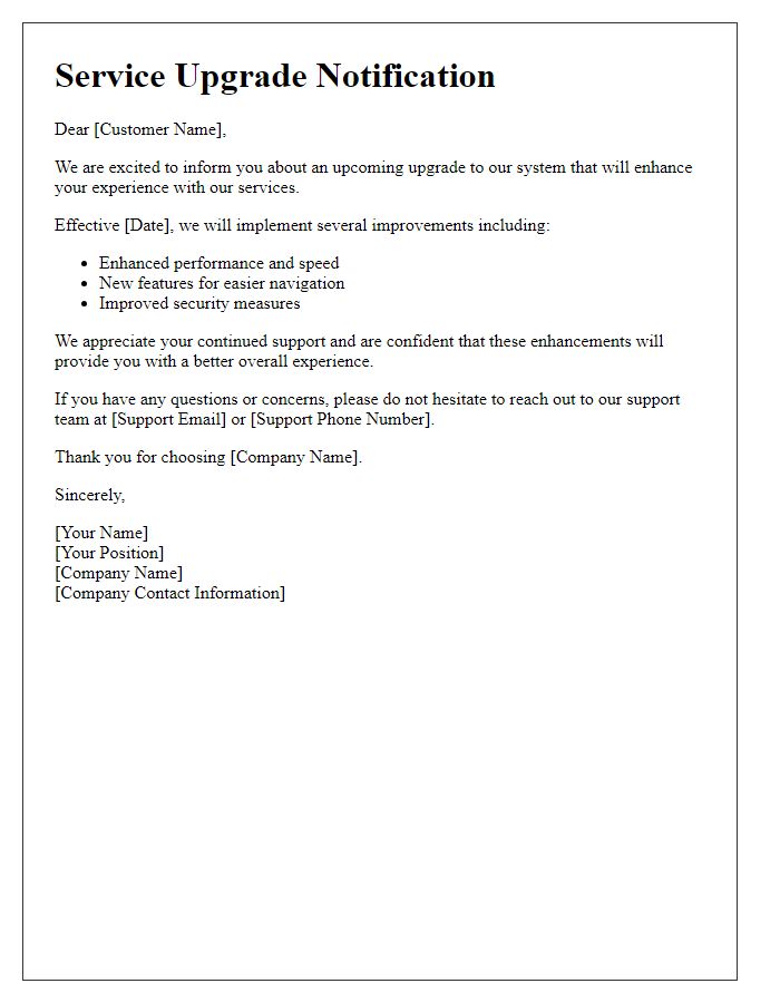 Letter template of service upgrade notification for system enhancements.