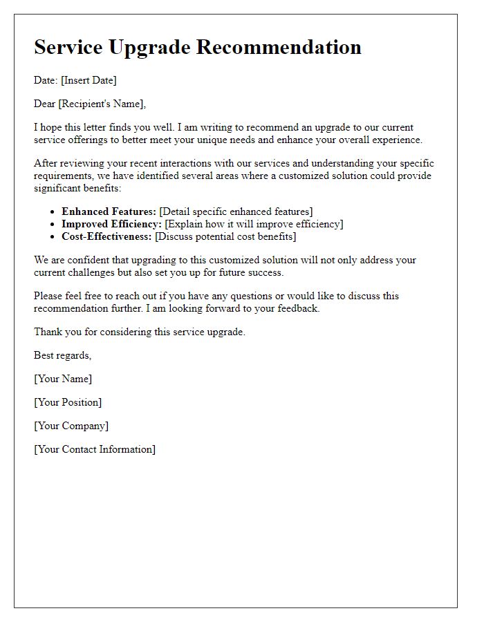 Letter template of service upgrade recommendation for customized solutions.