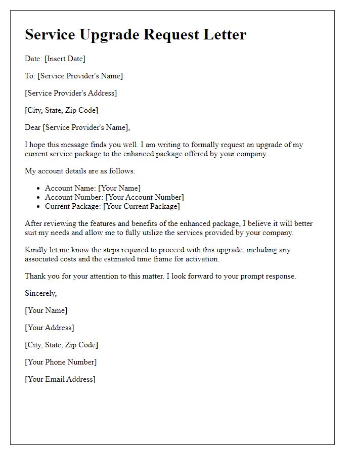 Letter template of service upgrade request for enhanced package.