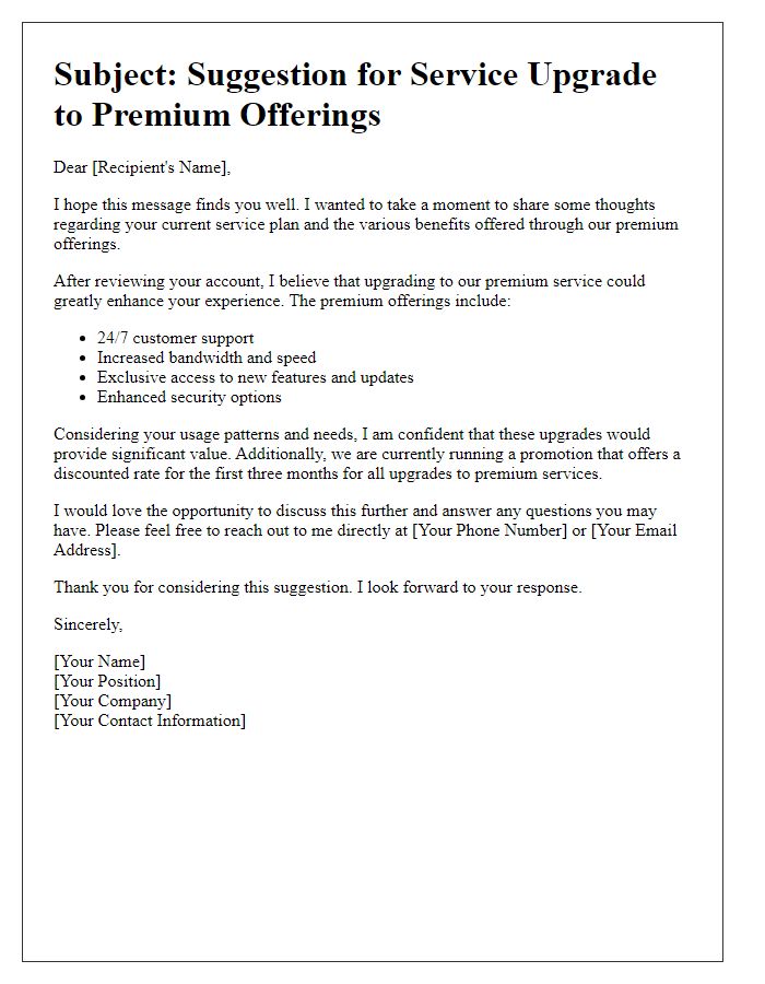 Letter template of service upgrade suggestion for premium offerings.