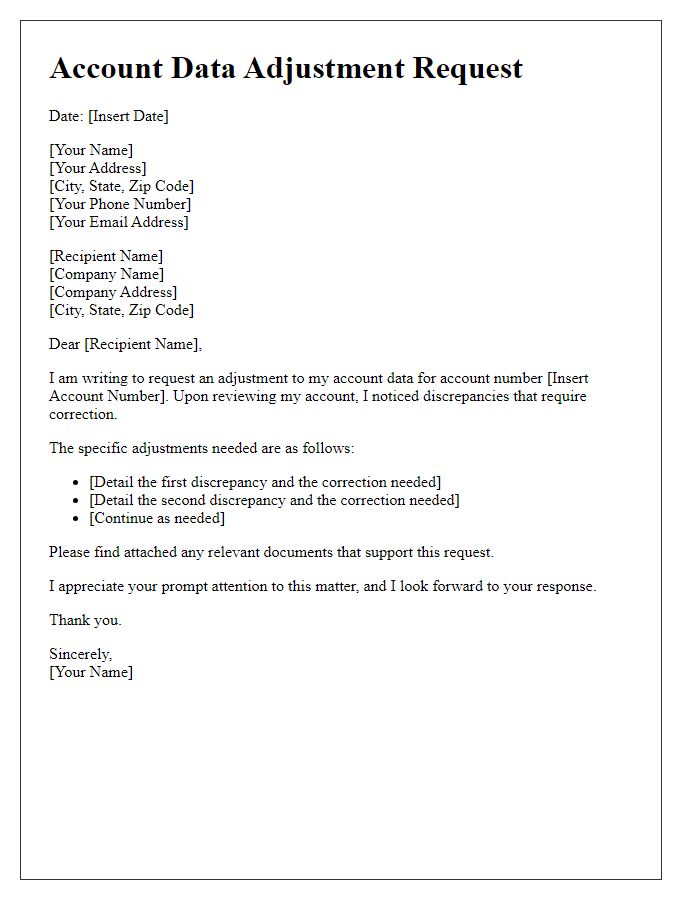 Letter template of account data adjustment