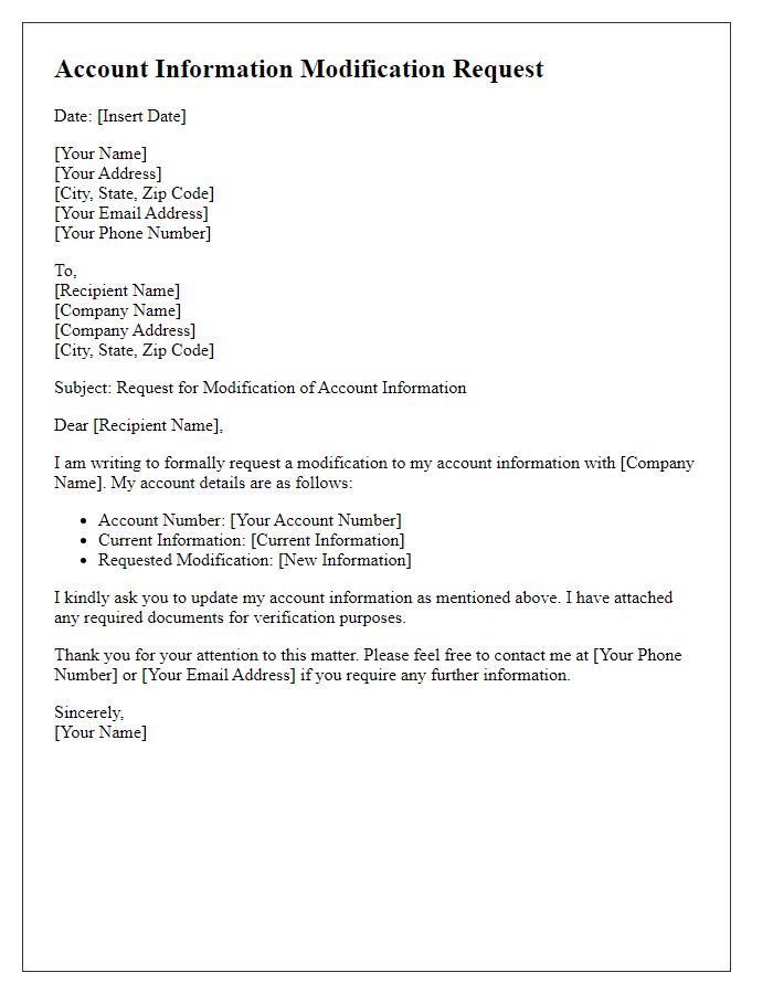 Letter template of account information modification request