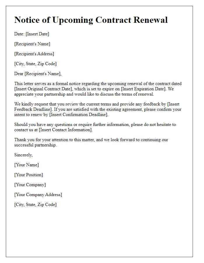 Letter template of notice for upcoming contract renewal