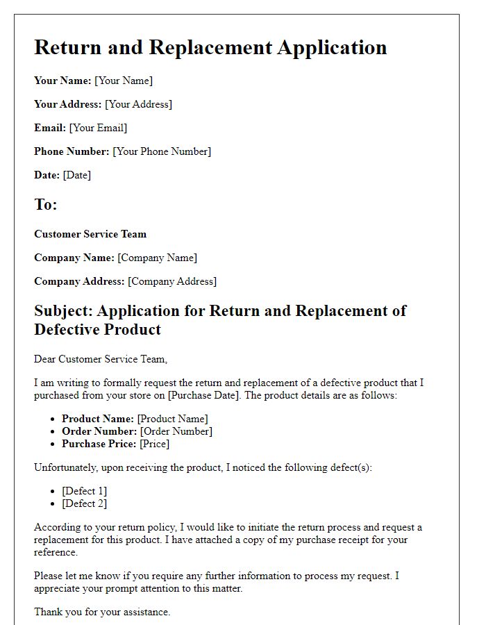 Letter template of application for return and replacement of defective product