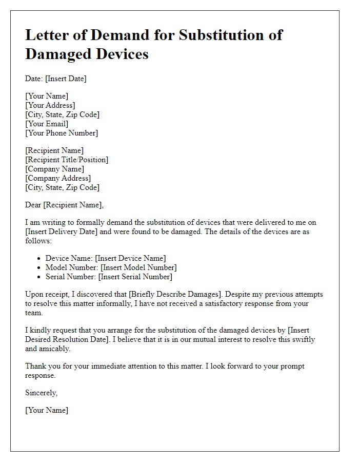 Letter template of demand for substitution of damaged devices