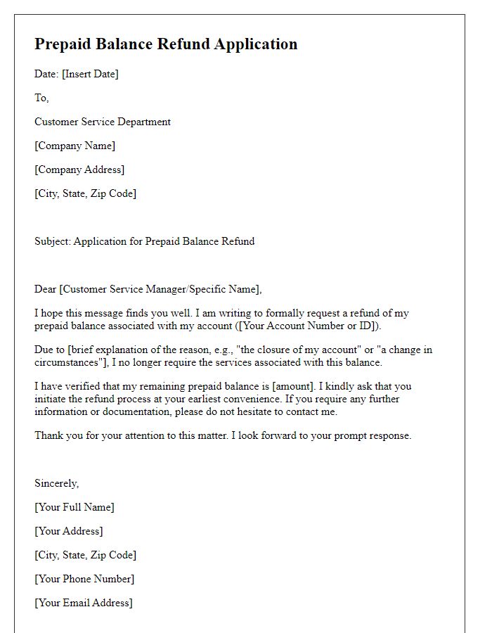 Letter template of prepaid balance refund application