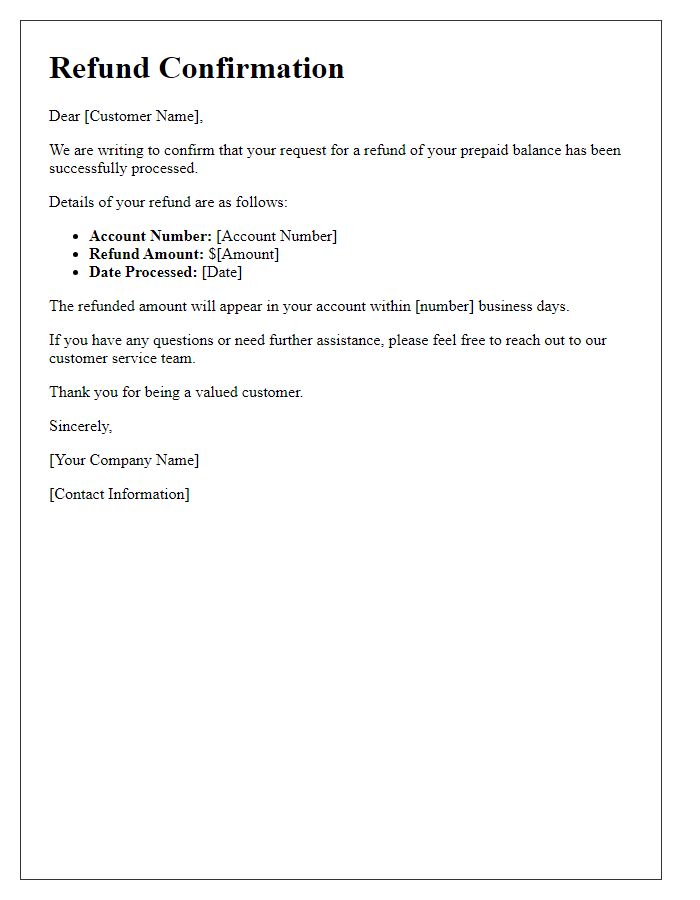 Letter template of prepaid balance refund confirmation