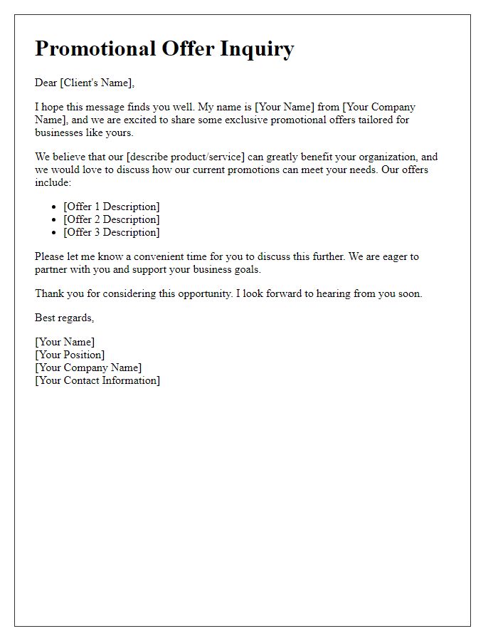 Letter template of promotional offer inquiry for potential clients