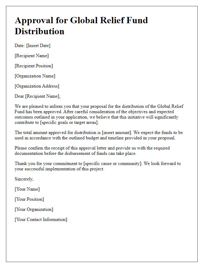 Letter template of approval for global relief fund distribution.