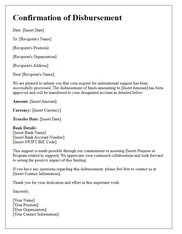 Letter template of confirmation for international support disbursement.