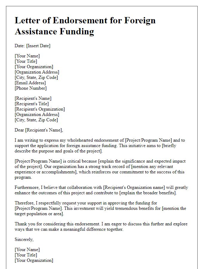 Letter template of endorsement for foreign assistance funding approval.