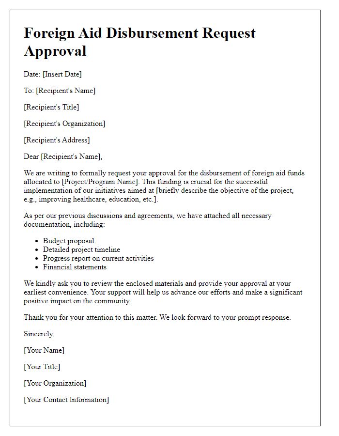 Letter template of foreign aid disbursement request approval.