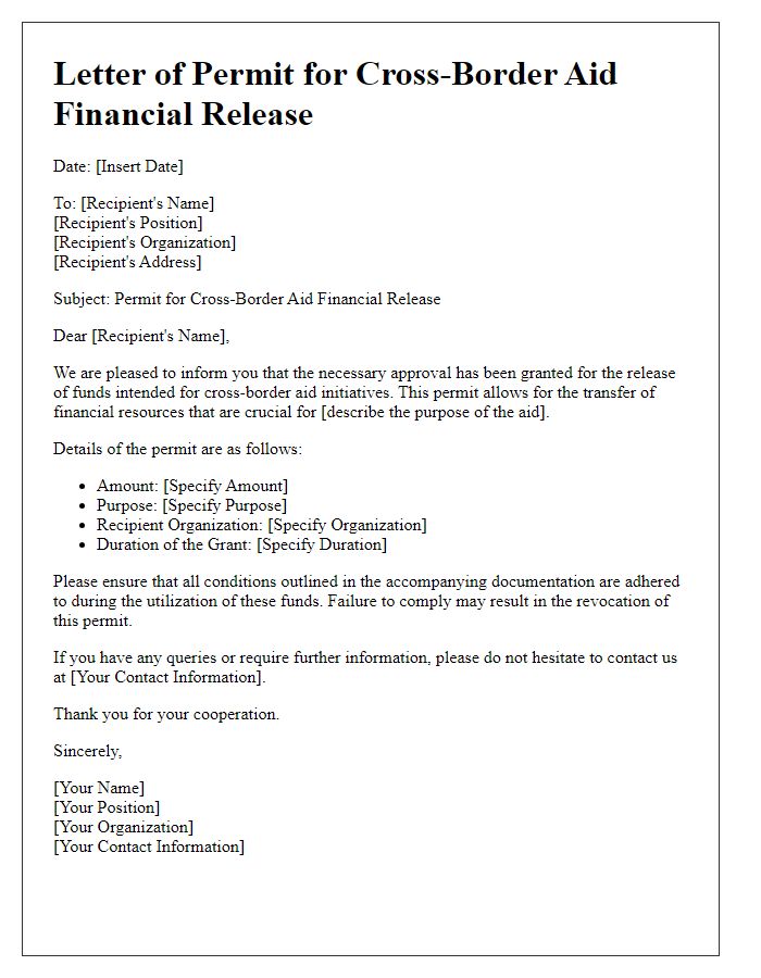 Letter template of permit for cross-border aid financial release.