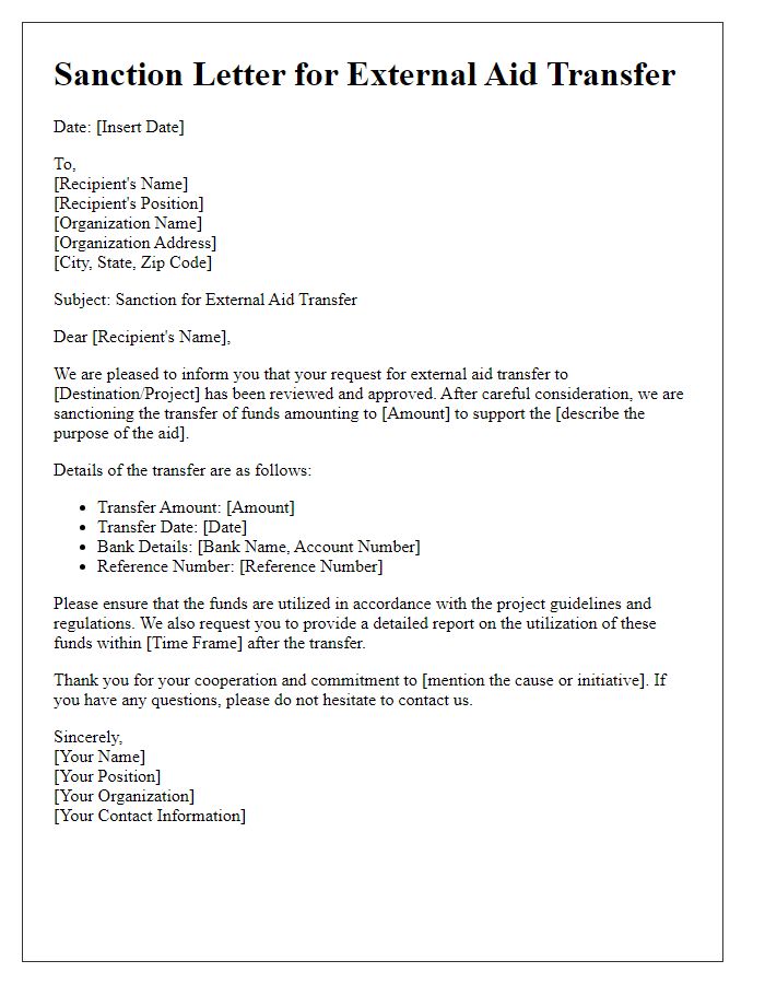 Letter template of sanction for external aid transfer.