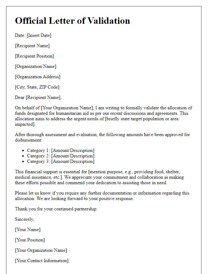 Letter template of validation for humanitarian aid fund allocation.