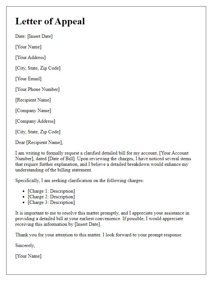 Letter template of appeal for a clarified detailed bill.