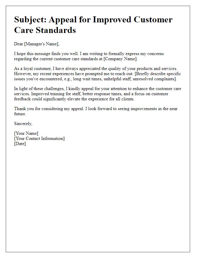 Letter template of appeal for better customer care standards