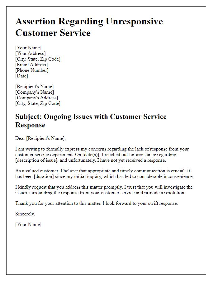 Letter template of assertion on unresponsive customer service issues