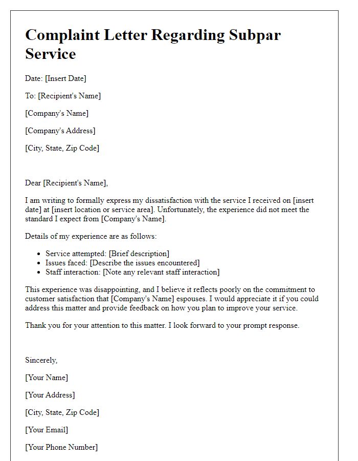 Letter template of complaint concerning subpar service experience