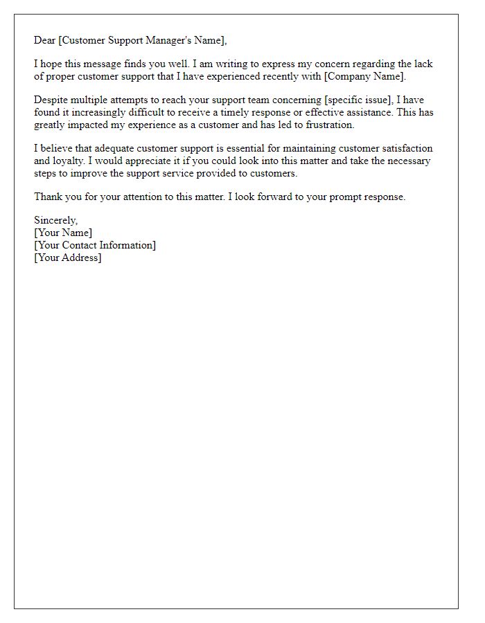 Letter template of concern for lack of proper customer support