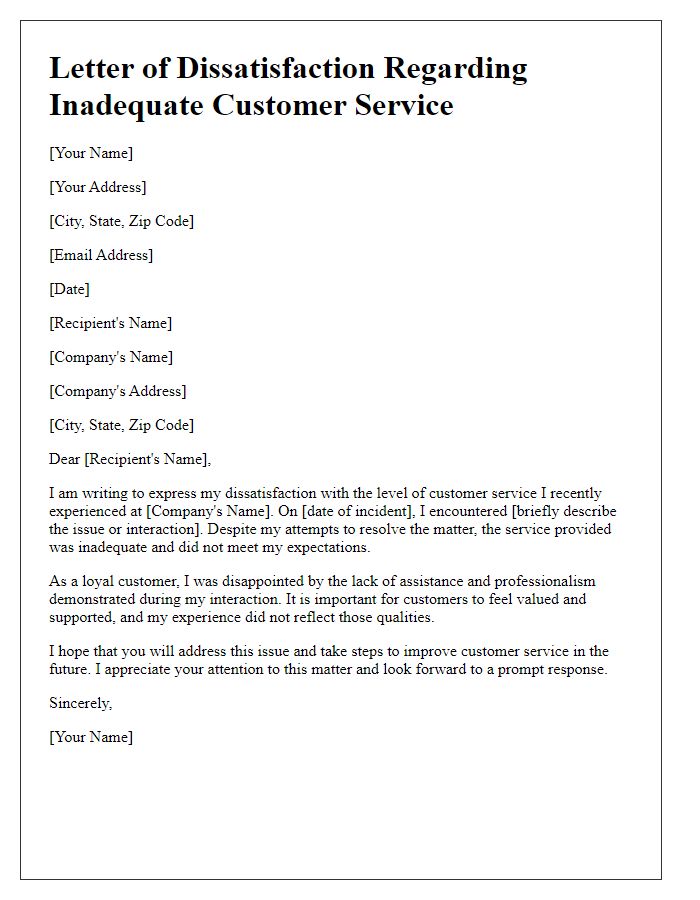 Letter template of dissatisfaction regarding inadequate customer service