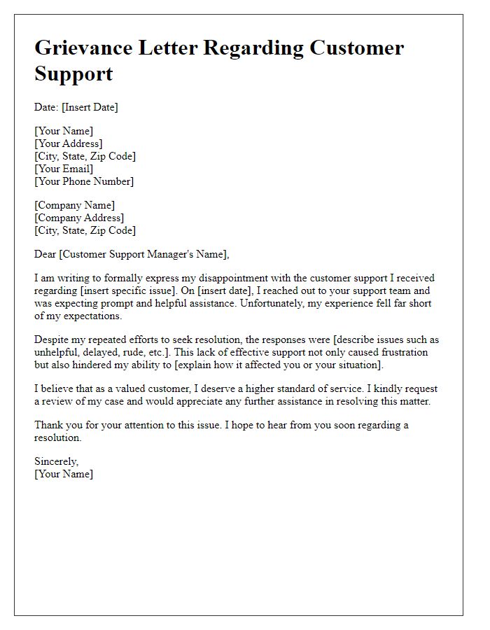 Letter template of grievance about disappointing customer support