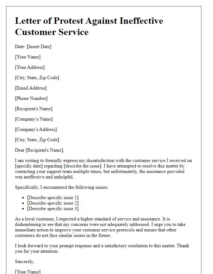 Letter template of protest against ineffective customer service