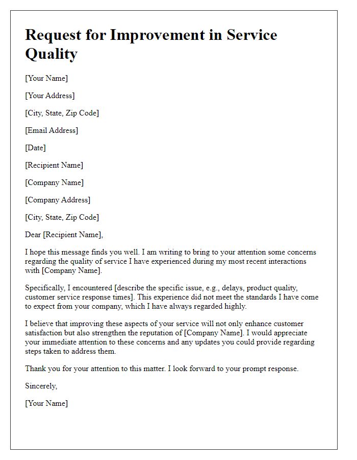 Letter template of request for improvement in service quality