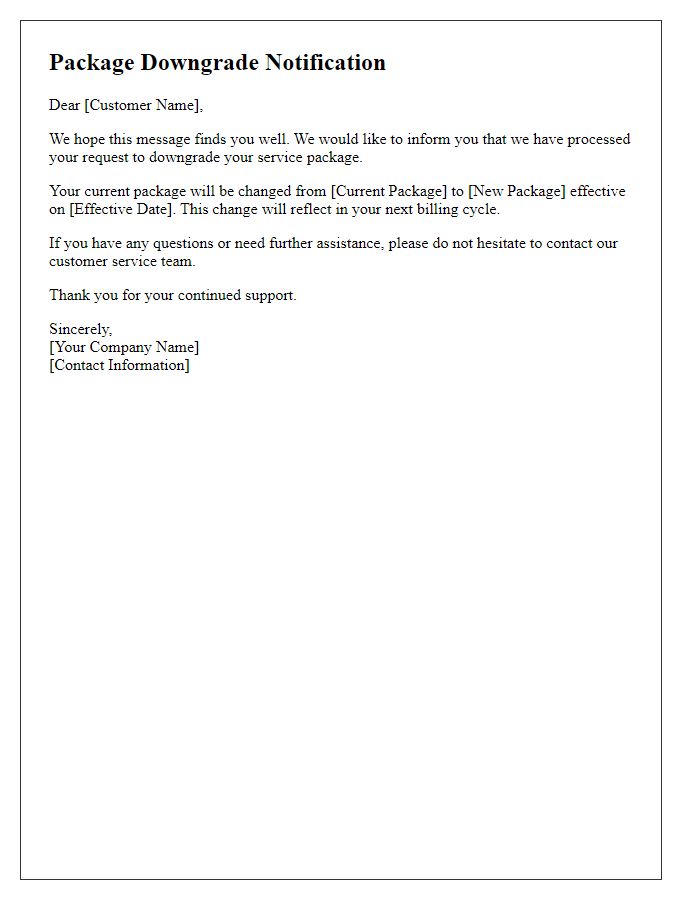 Letter template of package downgrade notification