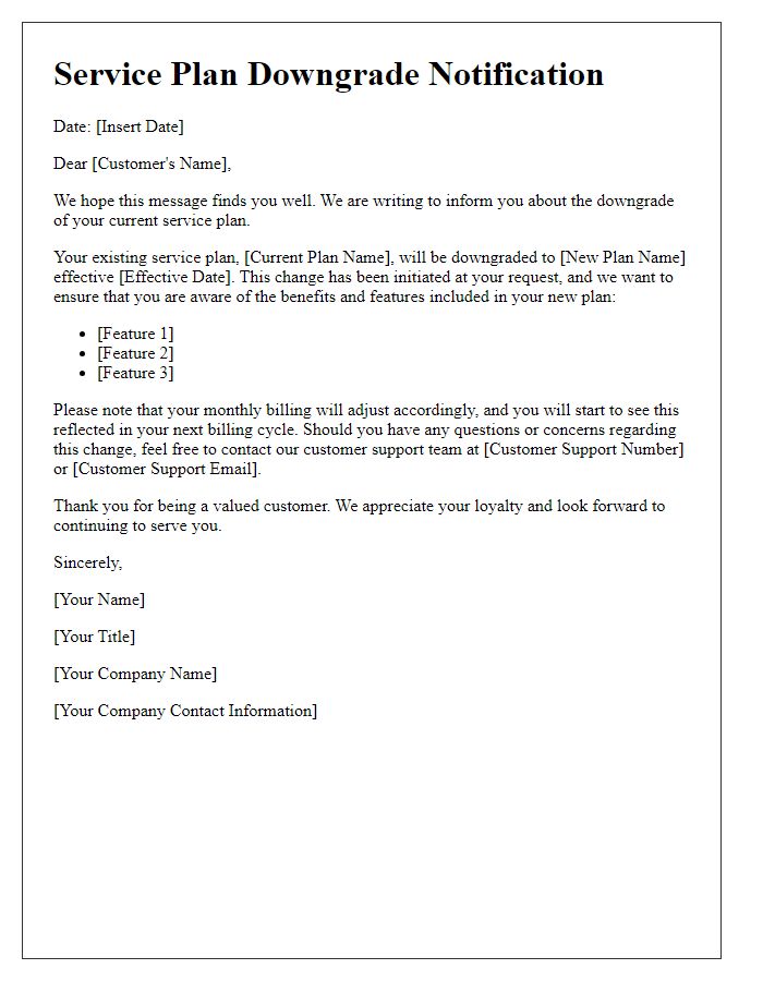 Letter template of service plan downgrade