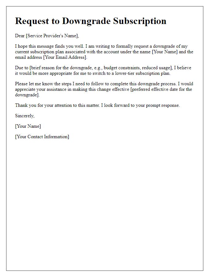 Letter template of subscription downgrade request