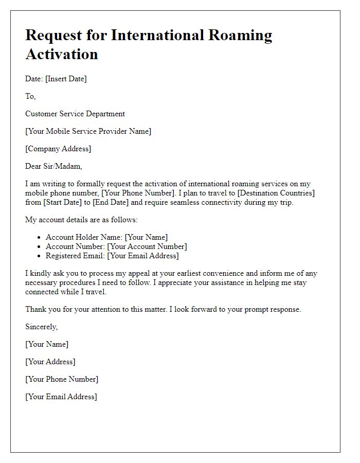 Letter template of appeal for international roaming activation