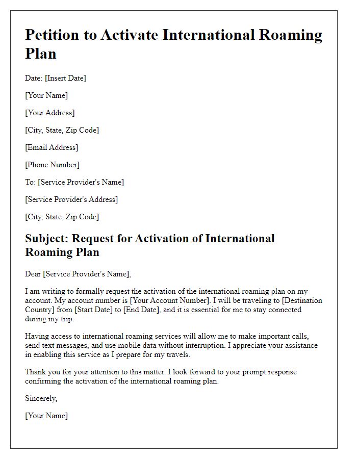 Letter template of petition to activate international roaming plan