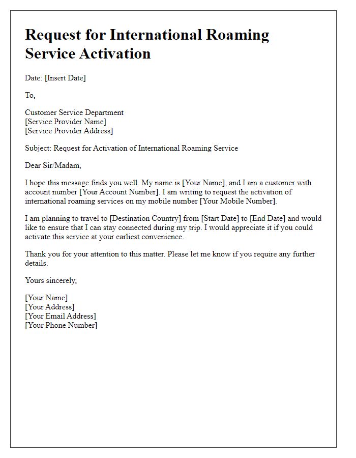 Letter template of request for international roaming service activation