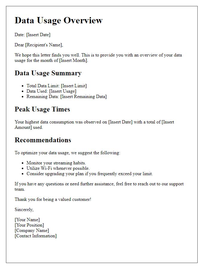 Letter template of data usage overview