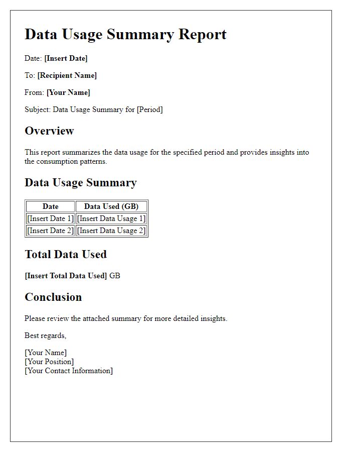 Letter template of data usage summary report