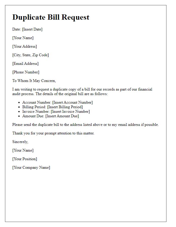 Letter template of duplicate bill request for financial audits.