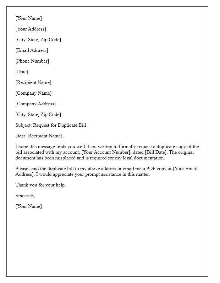 Letter template of duplicate bill request for legal documentation.