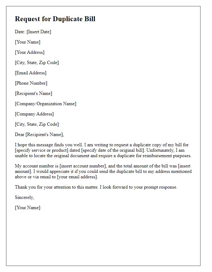 Letter template of duplicate bill request for reimbursement purposes.