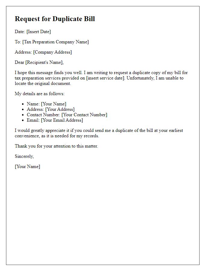 Letter template of duplicate bill request for tax preparation.