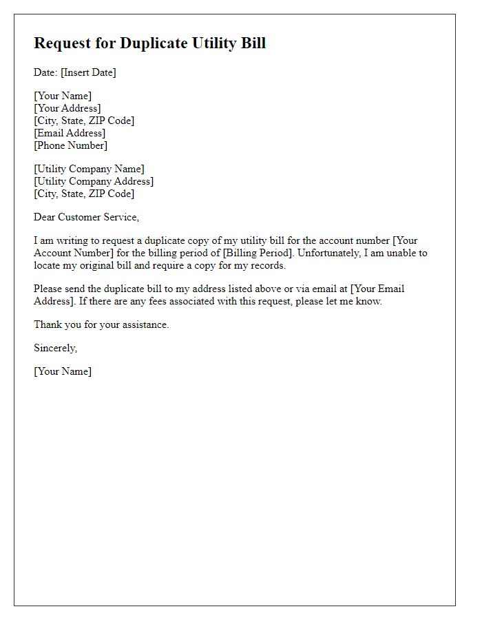 Letter template of duplicate bill request for utility services.